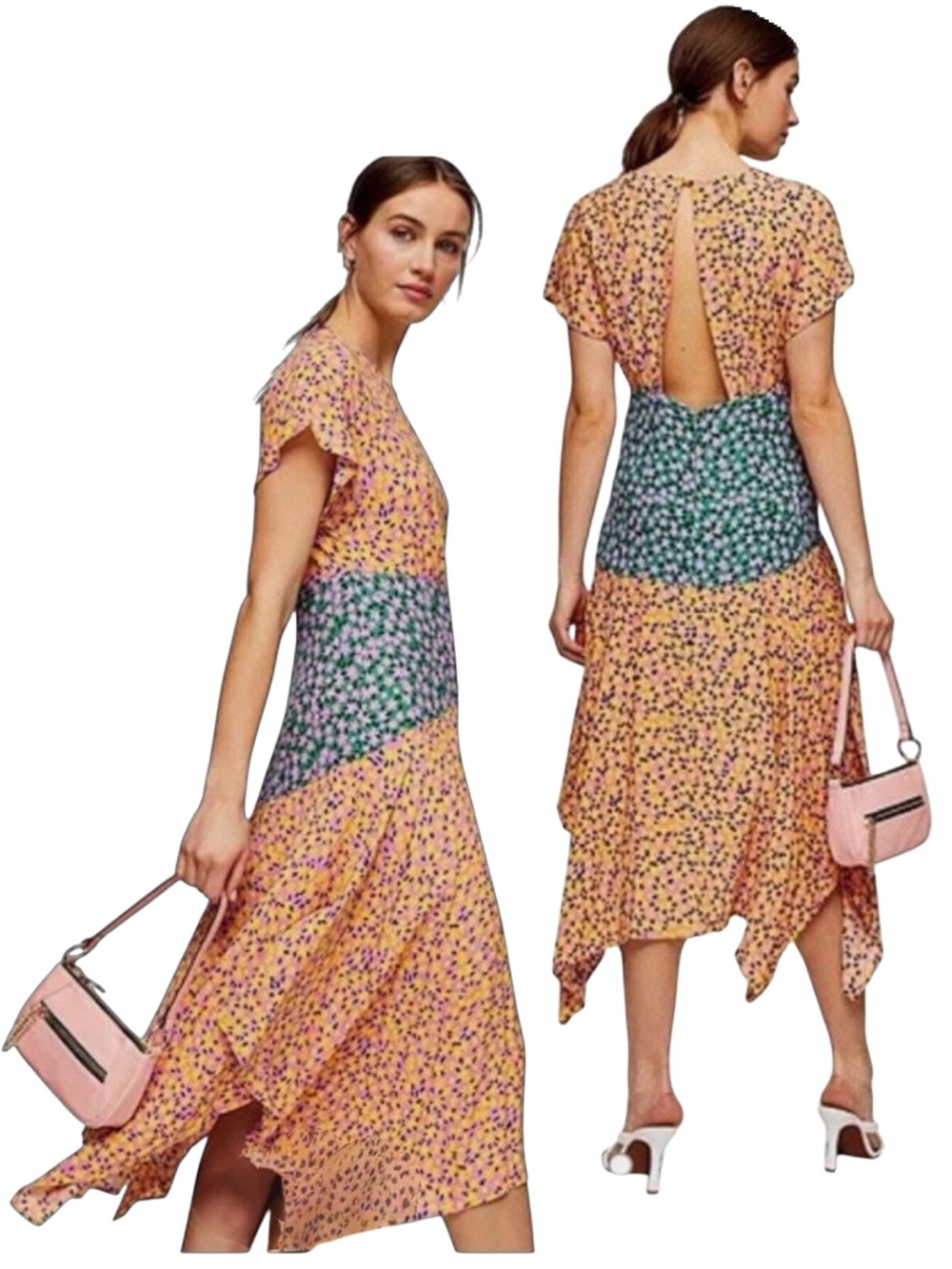 TOPSHOP | NWOT Colorblocked Ditsy Floral Asymmetric Midi Dress, Size 4